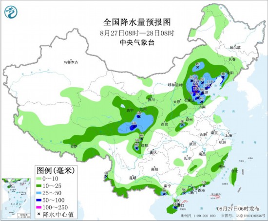 全国降水量预报图(8月27日08时-28日08时)