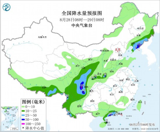 全国降水量预报图(8月28日08时-29日08时)