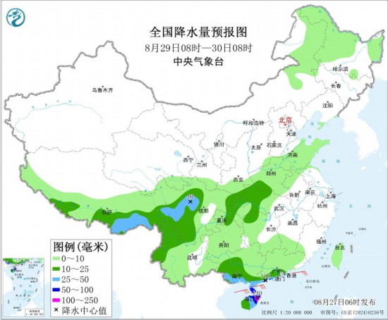 全国降水量预报图(8月29日08时-30日08时)