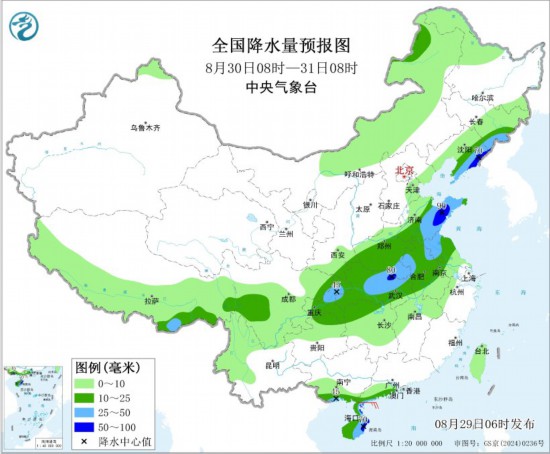 全国降水量预报图(8月30日08时-31日08时)