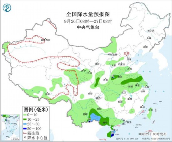 全国降水量预报图(9月26日08时-27日08时) 图片均来自中央气象台网站正版炒股软件
