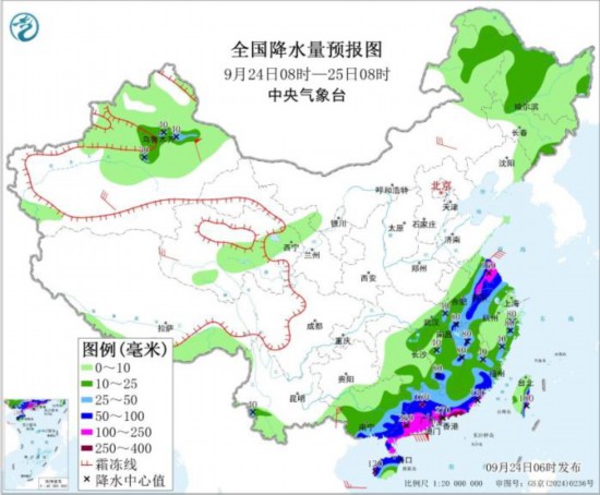 全国降水量预报图(9月24日08时-25日08时)