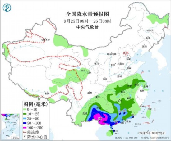 全国降水量预报图(9月25日08时-26日08时)