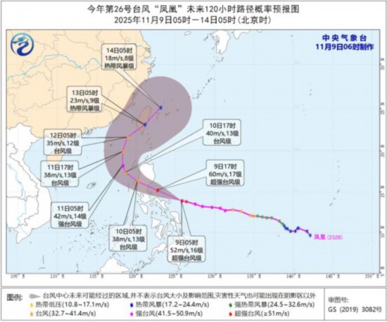 台风“凤凰”未来120小时路径概率预报图(11月9日5时-14日5时)